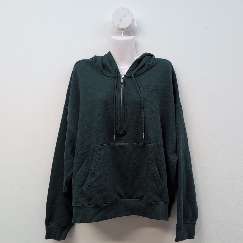 Victoria Secret Campus Fleece Half-Zip Hoodie XL Deep Forest